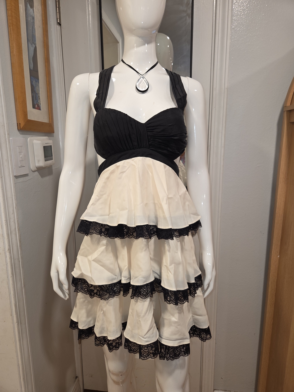 Bebe Black and Cream Tiered Lace Halter Dress - Picture 12 of 12